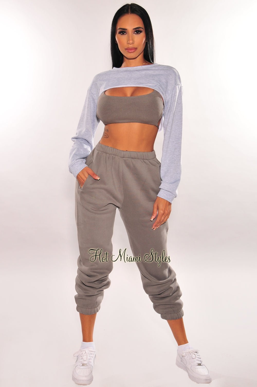Light Gray Long Sleeve Cropped Cut Out Sweater - Hot Miami Styles