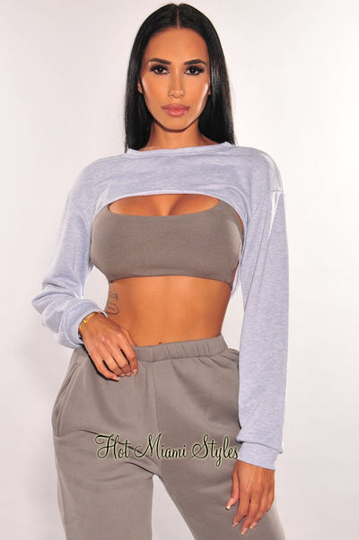 Light Gray Long Sleeve Cropped Cut Out Sweater - Hot Miami Styles