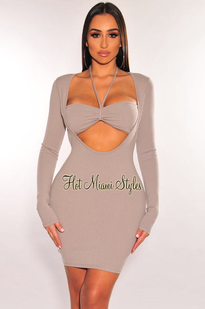 Light Gray Ribbed Halter Cut Out Long Sleeve Dress - Hot Miami Styles