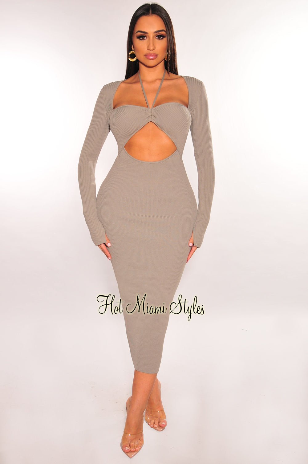 Light Gray Ribbed Long Sleeve Cut Out Dress Small Light Gray Ribbed Long Sleeve Cut Out Dress Small