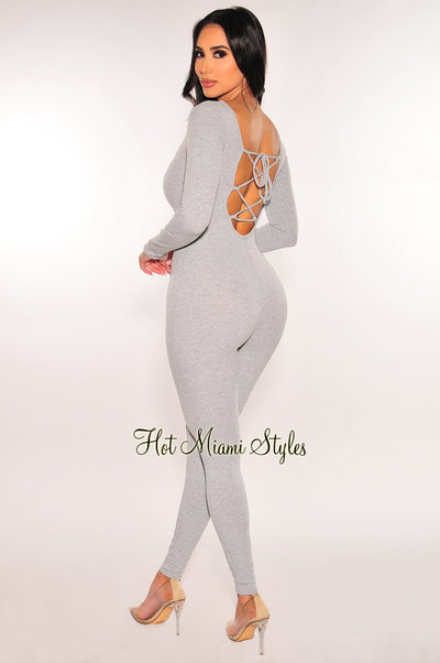 Light Gray Ribbed Round Neck Lace Up Long Sleeve Jumpsuit - Hot Miami Styles