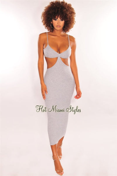 Light Gray Spaghetti Straps Cut Out Maxi Dress - Hot Miami Styles