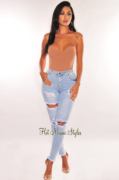 Light Wash Denim Distressed Frayed Hem Skinny Jeans - Hot Miami Styles