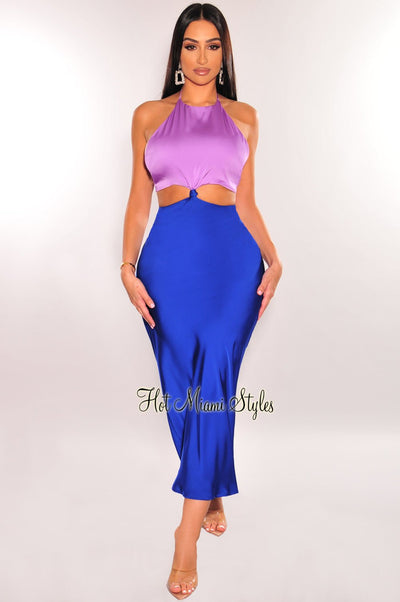 Lilac Blue Satin Halter Knotted Cut Out Slip Dress - Hot Miami Styles