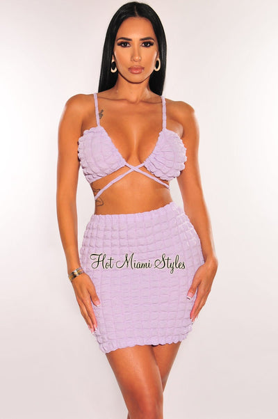 Lilac Bubble Textured Spaghetti Strap Tie Up Skirt Two Piece Set - Hot Miami Styles