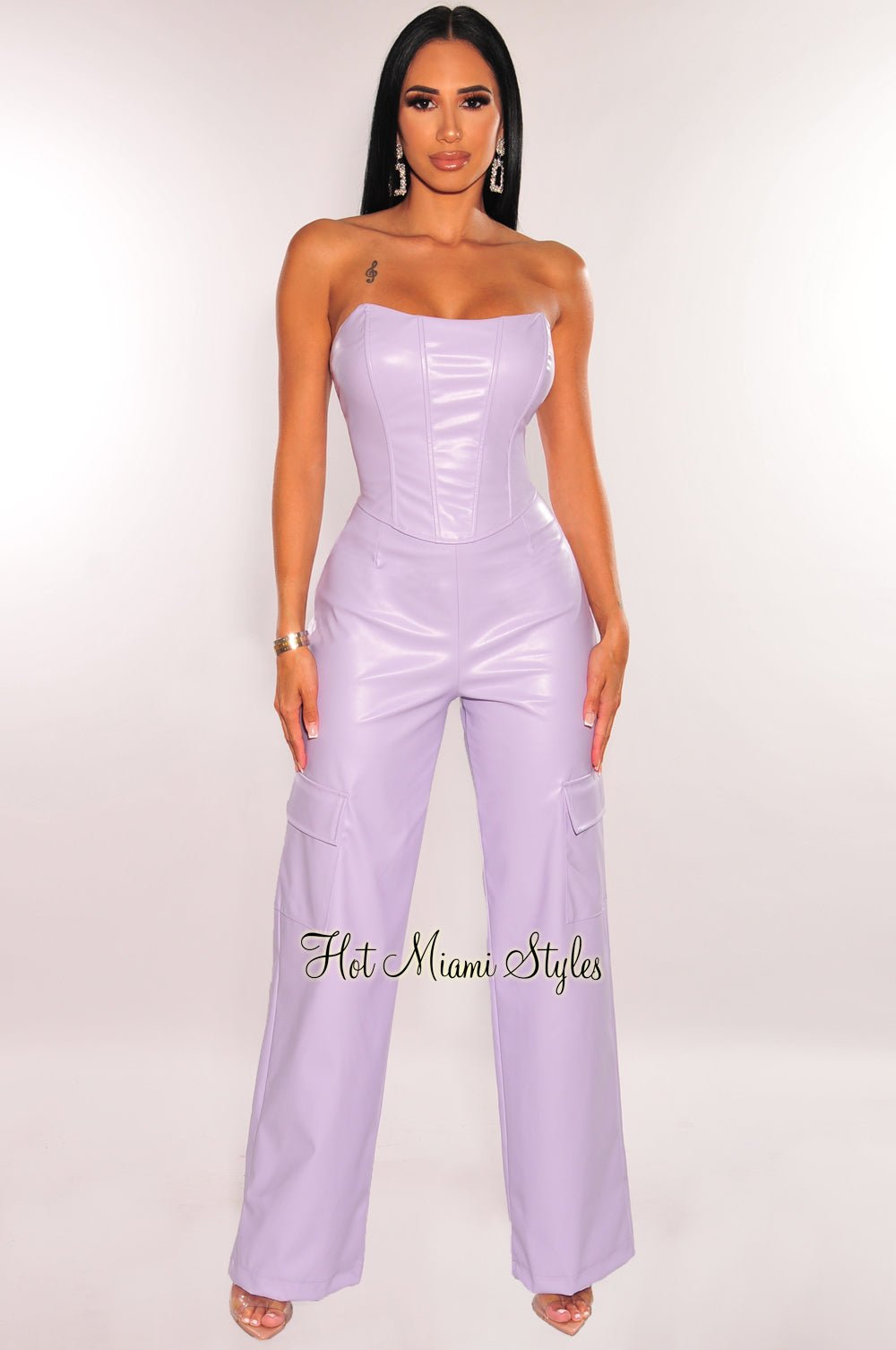 Lilac Faux Leather Corset Top Wide Leg Flap Pocket Pants Two Piece Set –  Hot Miami Styles
