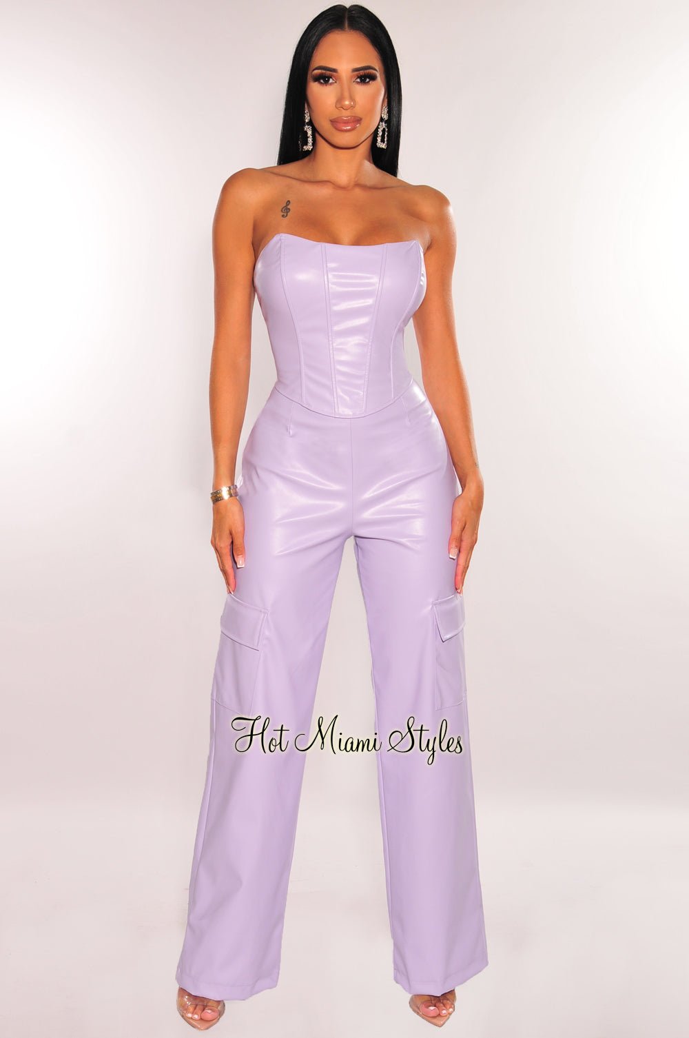 Corset Faux Leather Two Piece Outfit Lilac Faux Leather Corset Top