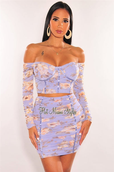 Lilac Floral Print Off Shoulder Padded Ruched Skirt Two Piece Set - Hot Miami Styles