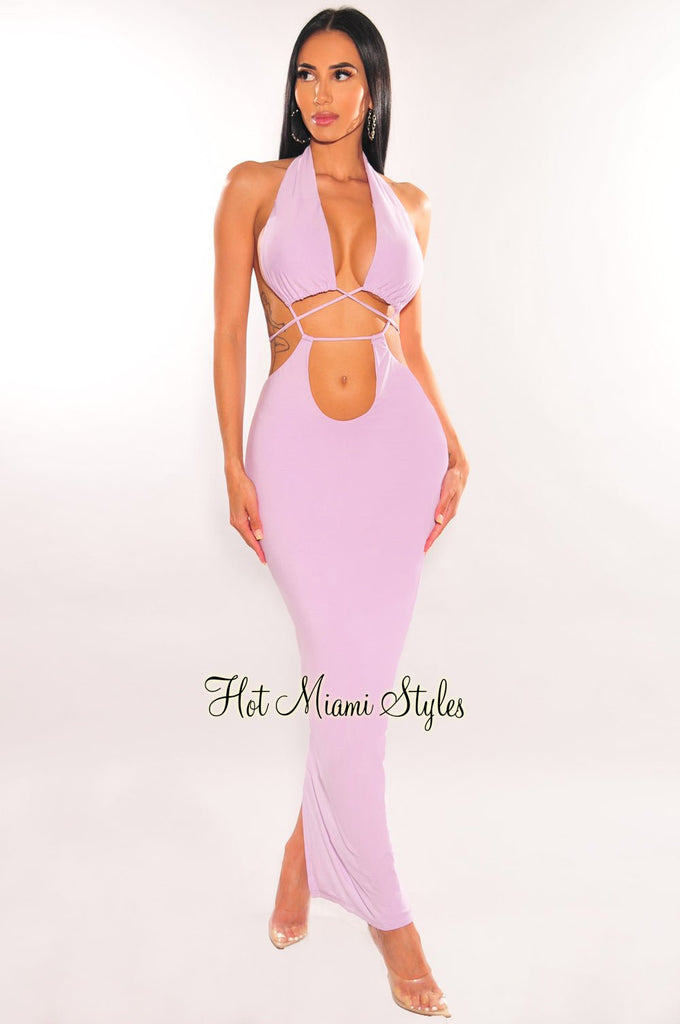 Lilac Halter Drawstring Keyhole Cut Out Dress Hot Miami Styles Lilac Halter Drawstring Keyhole Cut Out Dress Hot Miami Styles
