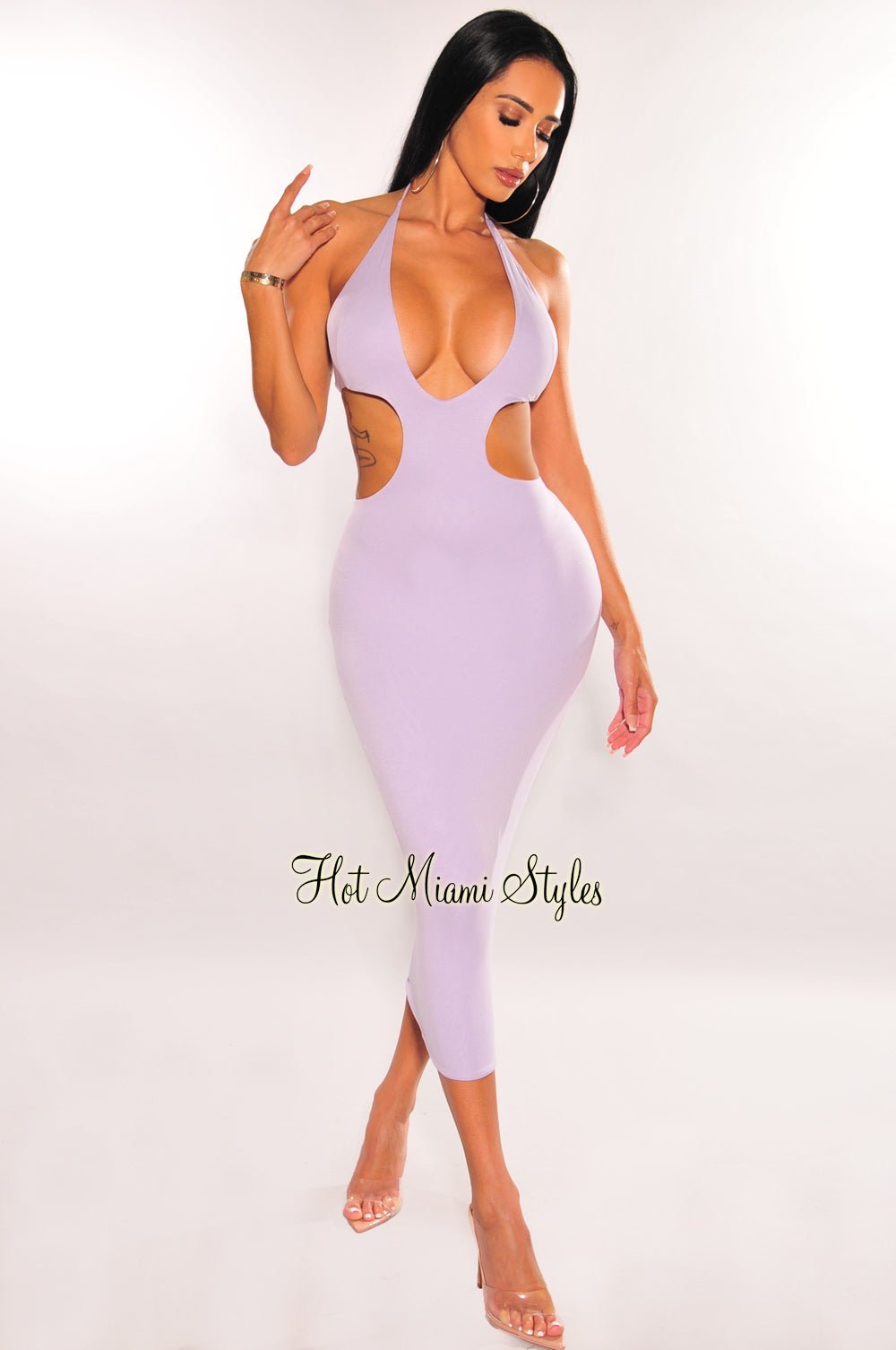 Lilac Halter V Neck Cut Out Open Back Midi Dress - Hot Miami Styles Lilac Halter V Neck Cut Out Open Back Midi Dress - Hot Miami Styles