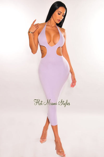 Lilac Halter V Neck Cut Out Open Back Midi Dress - Hot Miami Styles