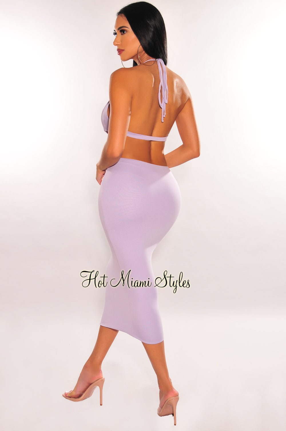 knee length dresses for ladies Lilac Halter V Neck Cut Out Open Back Midi Dress