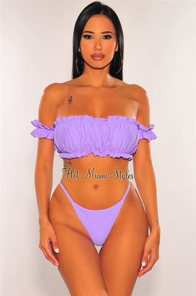 Lilac Off Shoulder Ruffle Scrunch Butt Bikini Top - Hot Miami Styles