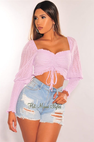 Lilac Polka Dot Long Sleeve Smocked Drawstring Ruched Crop Top - Hot Miami Styles