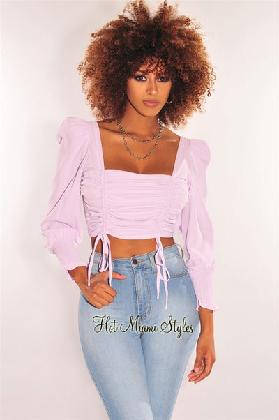 Lilac Squared Neck Drawstring Tie Up Crop Top - Hot Miami Styles