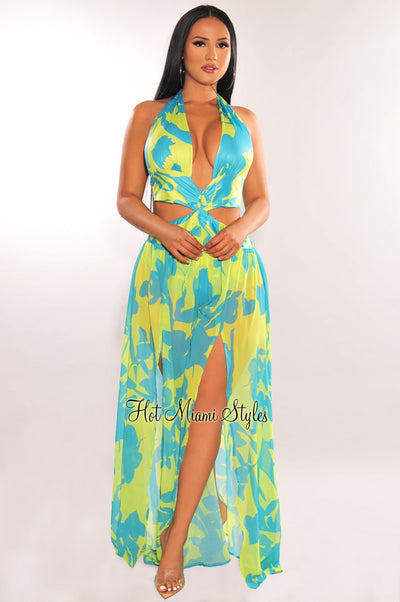 Lime Blue Halter Tie Up Cut Out Double Slit Maxi Dress - Hot Miami Styles