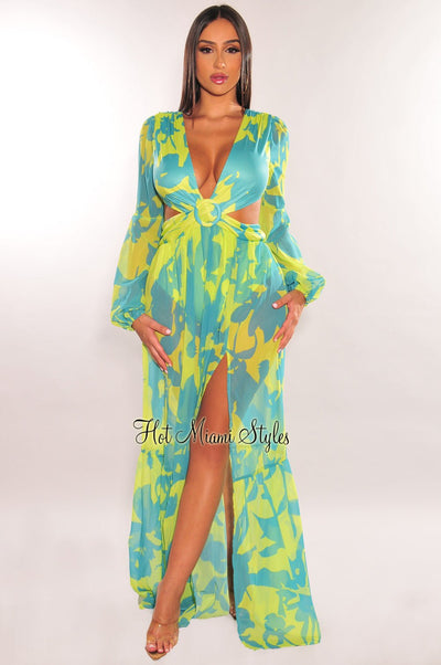 Lime Blue Print O-Ring Cut Out Long Sleeve Double Slit Maxi Dress - Hot Miami Styles