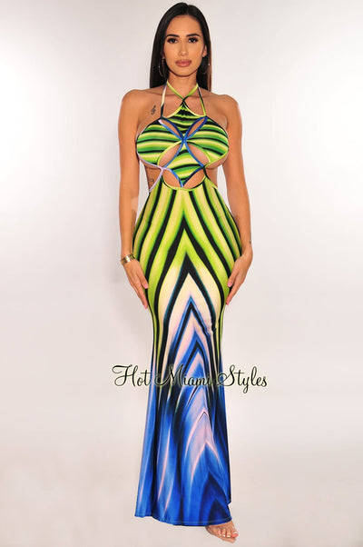 Lime Green Blue Print Halter Cut Out Tie Up Back Maxi Dress - Hot Miami Styles