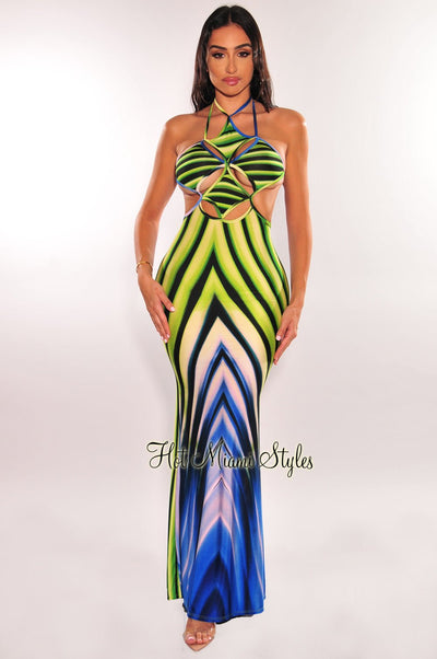 Lime Green Blue Print Halter Cut Out Tie Up Back Maxi Dress - Hot Miami Styles