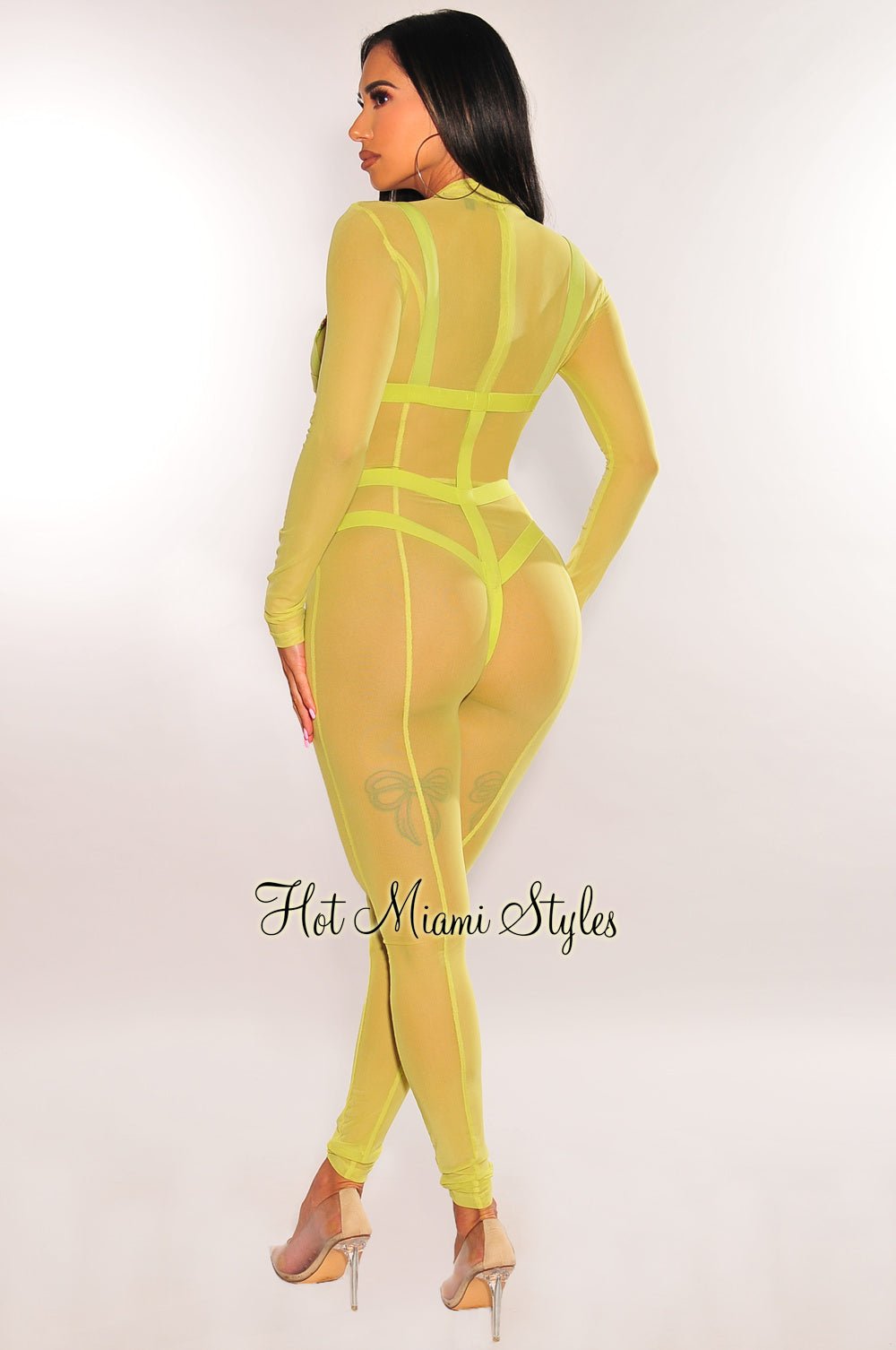 Lime Green Mesh Strappy Bodysuit Long Sleeve Jumpsuit Two Piece Set – Hot  Miami Styles