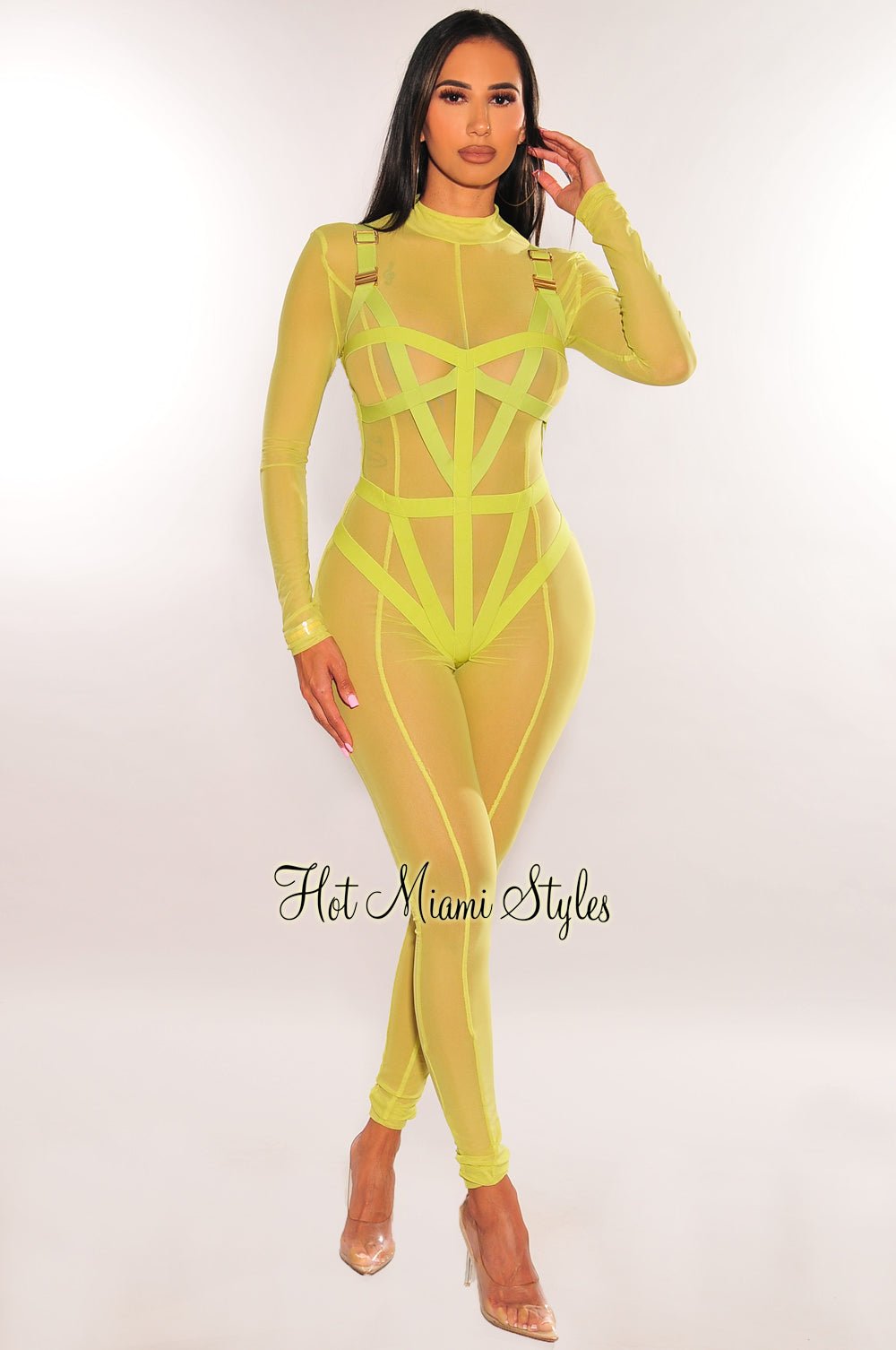 Lime Green Mesh Strappy Bodysuit Long Sleeve Jumpsuit Two Piece Set