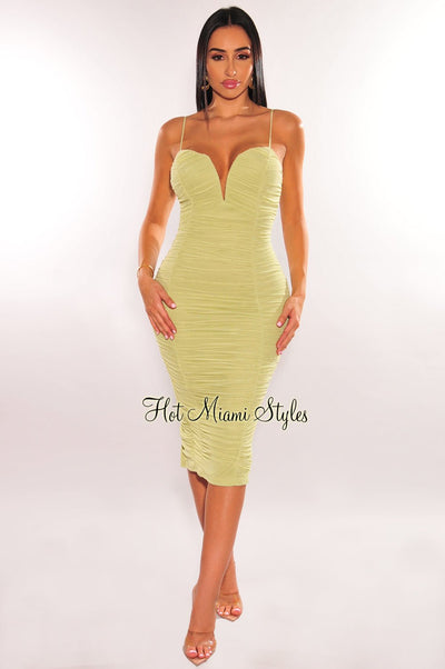 Lime Green Ruched Plunge Spaghetti Straps Dress - Hot Miami Styles