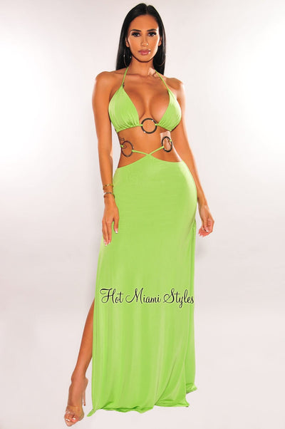 Lime Halter Silver O-Ring Strappy Double Slit Maxi Skirt Two Piece Set - Hot Miami Styles