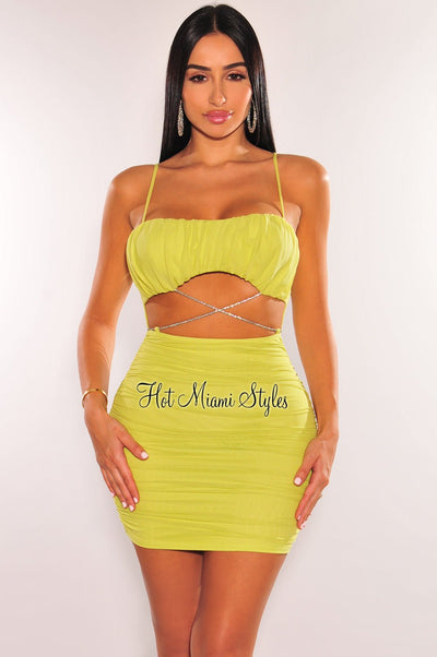 Lime Mesh Padded Spaghetti Strap Ruched Cut Out Wrap Around Rhinestone Dress - Hot Miami Styles