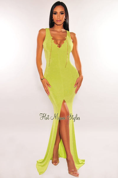 Lime Ribbed Sleeveless Gold Chain Lace Up Slit Gown - Hot Miami Styles