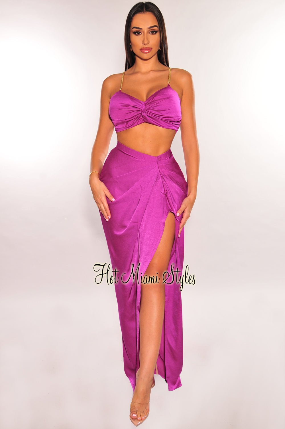 White Gold Chain Padded Knotted Slit Skirt Two Piece Set