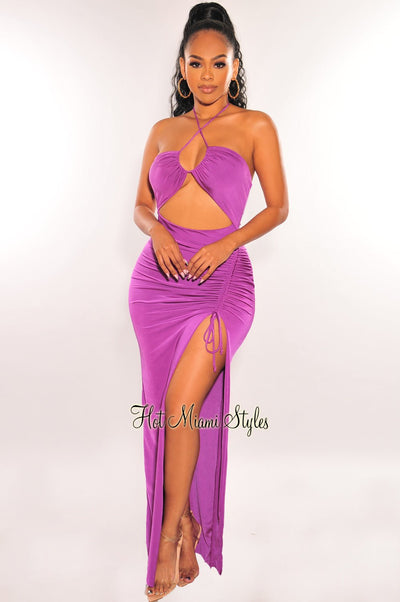 Magenta Halter Cut Out Ruched Slit Maxi Dress - Hot Miami Styles