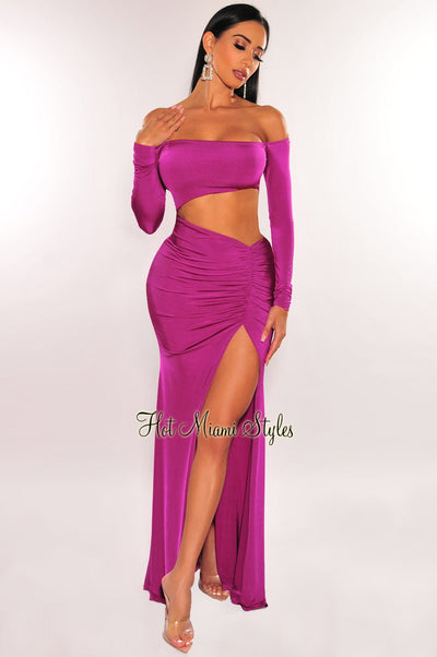 Magenta Off Shoulder Cut Out Ruched Slit Long Sleeve Maxi Dress - Hot Miami Styles