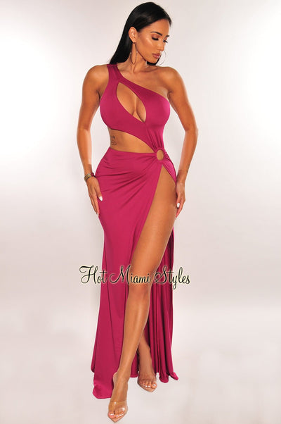 Magenta One Shoulder Keyhole Cut Out O-Ring Slit Maxi Dress - Hot Miami Styles