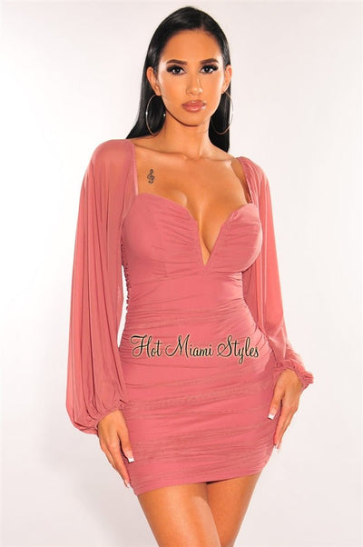 Mauve Mesh V Wire Long Sleeve Ruched Dress - Hot Miami Styles