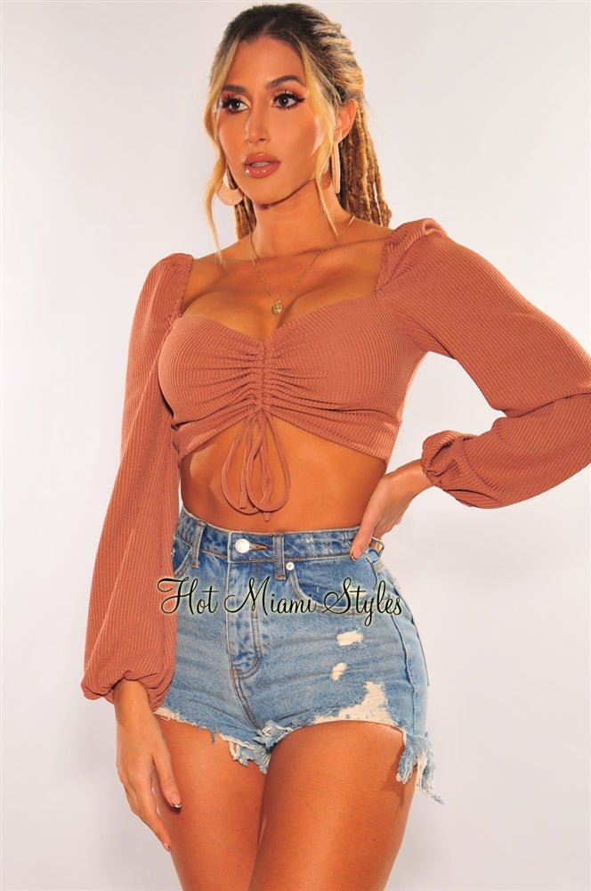 Some like Knit Hot Long Sleeve Tie Front Crop Top