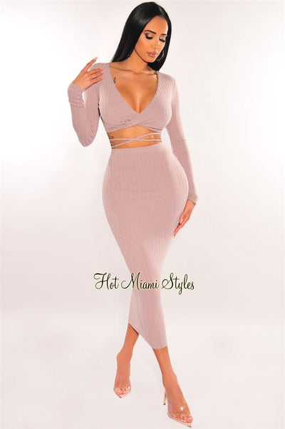 Mauve Ribbed Knit Wrap Around Skirt Two Piece Set - Hot Miami Styles