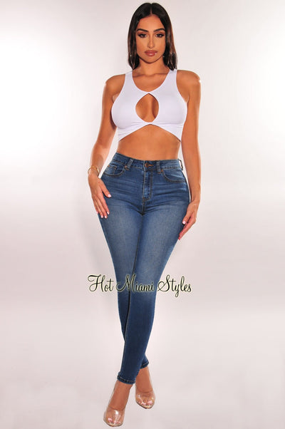 Medium Dark Denim Wash High Waisted Stretchy Skinny Jeans - Hot Miami Styles