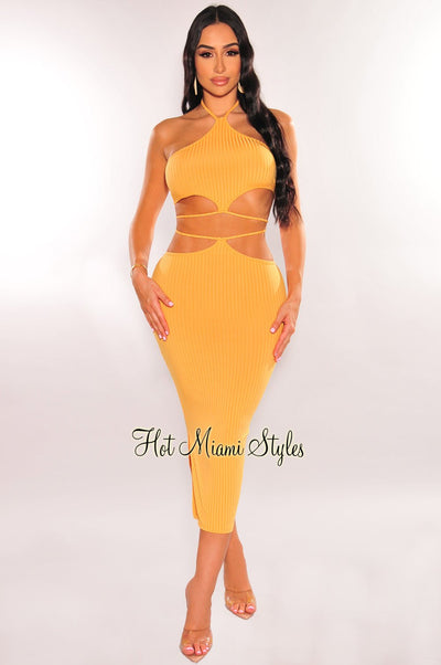 Melon Orange Ribbed Halter Cut Out Tie Up Skirt Two Piece Set - Hot Miami Styles