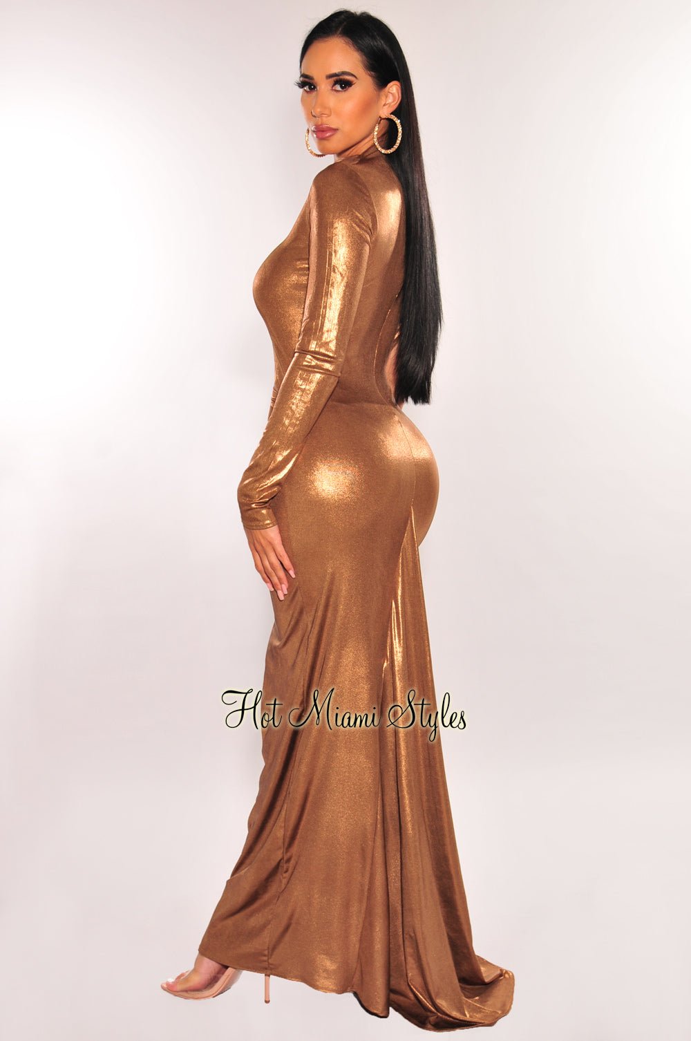 Metallic Bronze Latex Mock Neck One Sleeve Cut Out Train Gown – Hot Miami  Styles