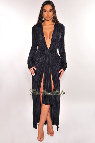 Midnight Ribbed Collared Belted Long Sleeve Duster - Hot Miami Styles