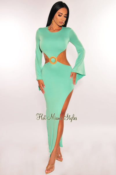Mint Bell Long Sleeves Cut Out Ring Slit Maxi Dress Medium Mint Bell Long Sleeves Cut Out Ring Slit Maxi Dress Medium