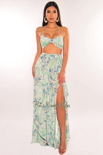 Mint Floral Print Halter Slit Layered Maxi Skirt Two Piece Set - Hot Miami Styles