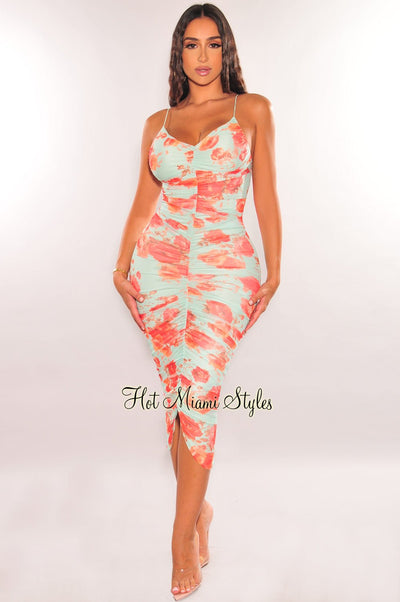 Mint Green Floral Elastic Straps Ruched Slit Midi Dress - Hot Miami Styles