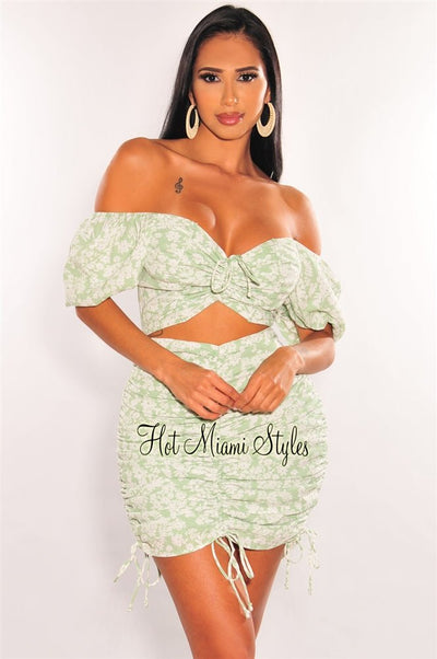 Mint Green Floral Print Off Shoulder Cut Out Ruched Dress - Hot Miami Styles