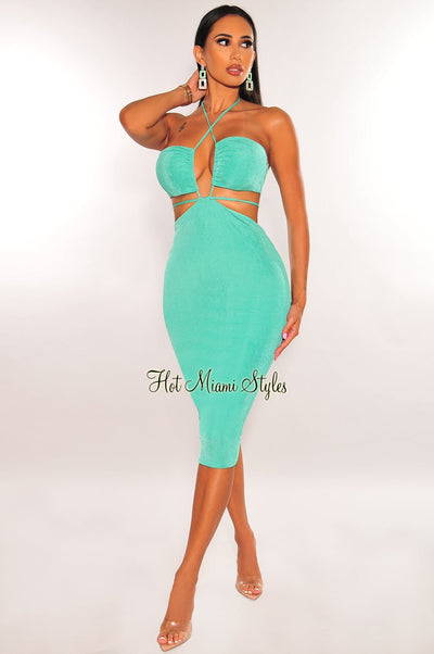 Mint Green Shimmery Halter Cut Out Dress - Hot Miami Styles