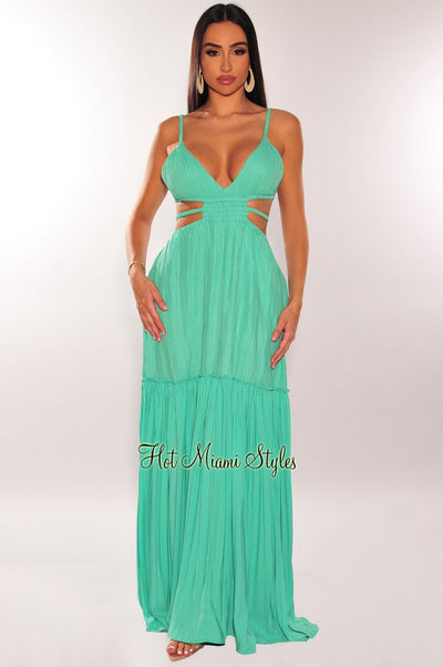 Mint Green V Neck Strappy Cut Out Maxi Dress - Hot Miami Styles