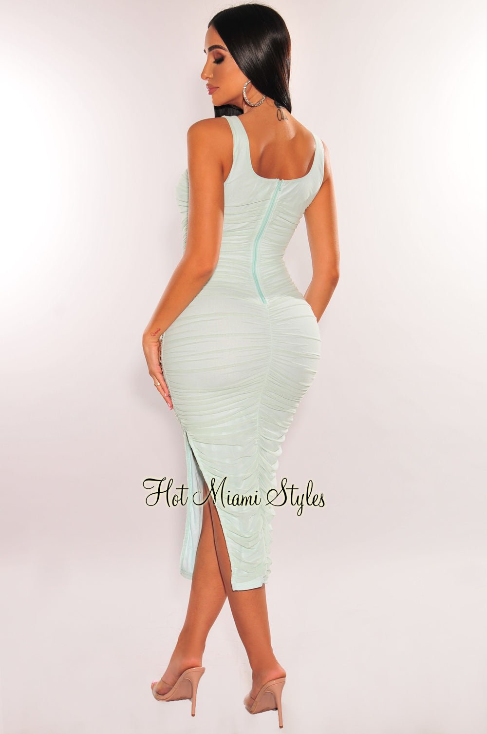Mint Mesh Square Neck Sleeveless Ruched Slit Dress Small Mint Mesh Square Neck Sleeveless Ruched Slit Dress Small