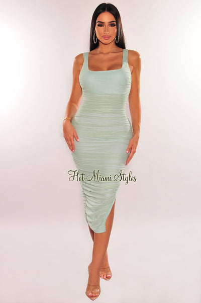 Mint Mesh Square Neck Sleeveless Ruched Slit Dress - Hot Miami Styles