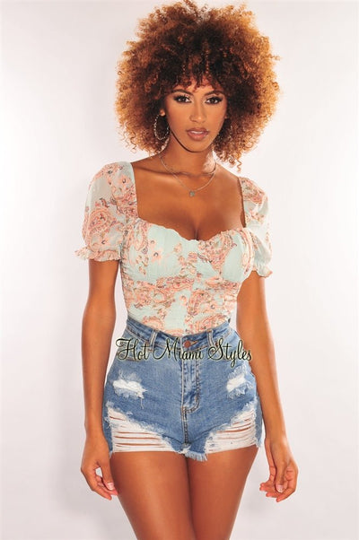 Mint Paisley Print Padded Short Sleeve Bustier Crop Top - Hot Miami Styles
