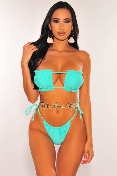 Mint Ruched Bust Frill Padded Bandeau Bikini - Hot Miami Styles